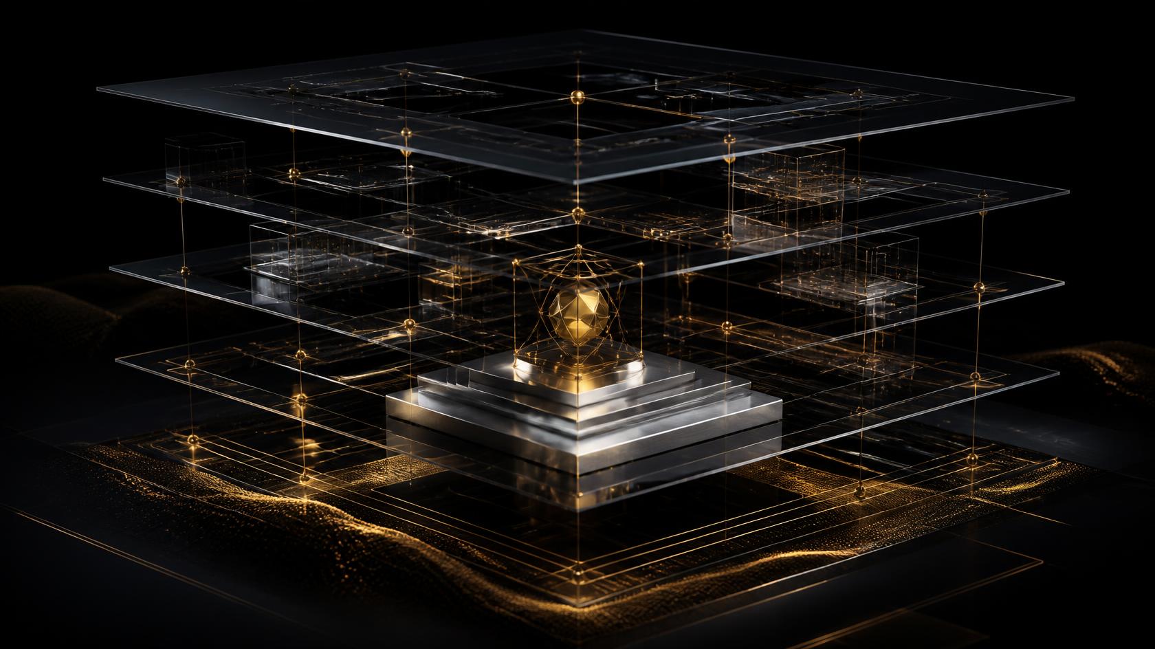Dark gold and silver render of layered translucent architecture planes over a gold node grid